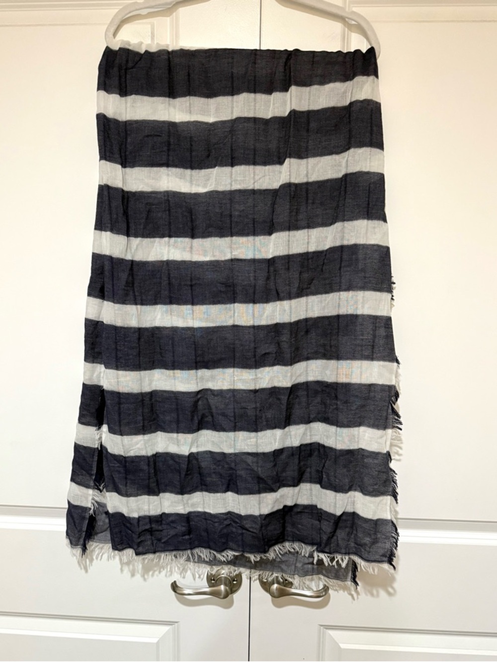 J. Crew Blue and White Striped Fringe Trim Scarf Wrap 💯% Organic Cotton